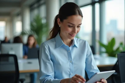 Femme professionnelle utilisant une tablette pour accéder au portail RH SmartRH dans un open space moderne