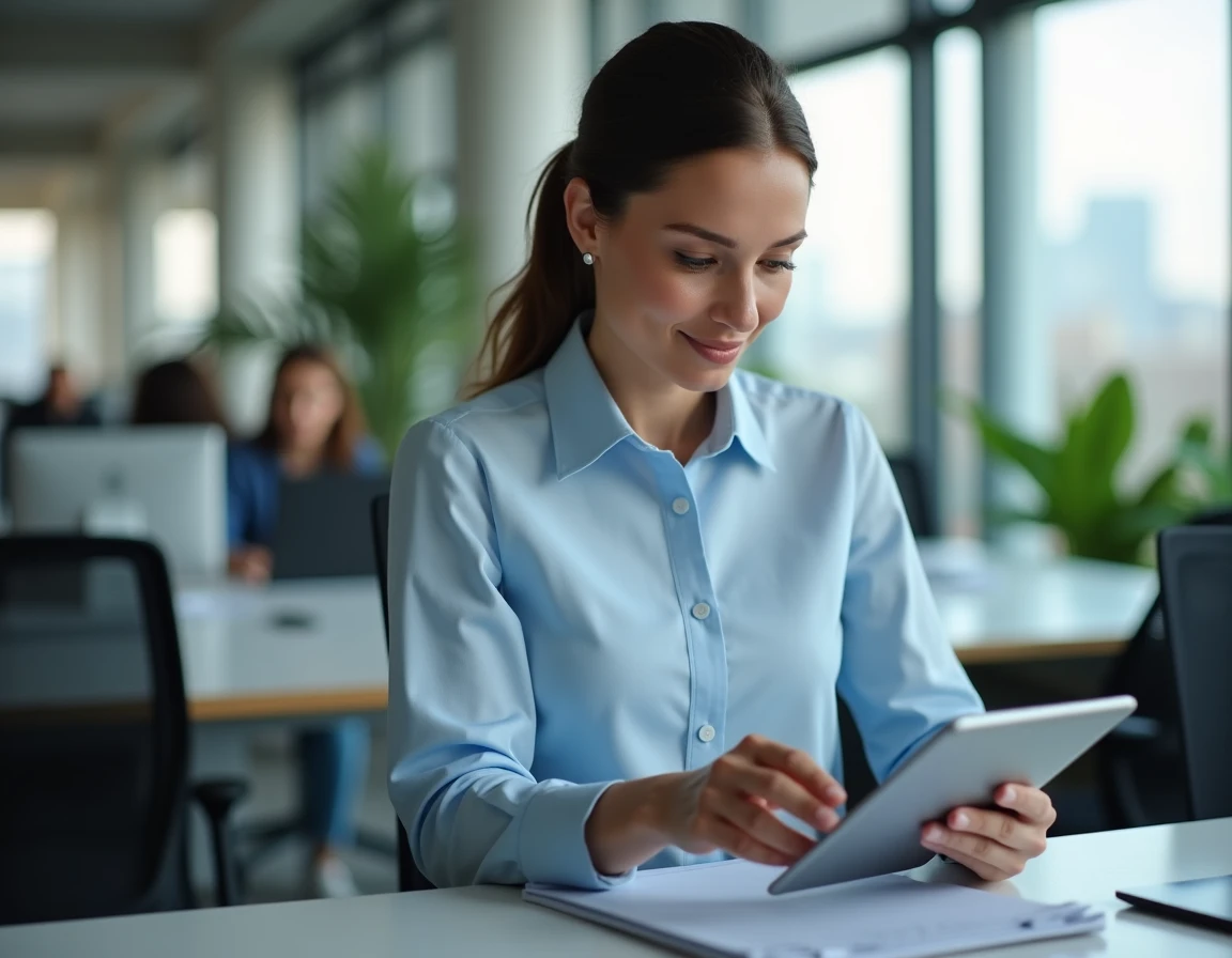 Femme professionnelle utilisant une tablette pour accéder au portail RH SmartRH dans un open space moderne