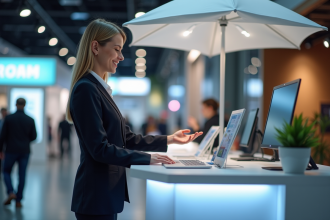 Jeune femme professionnelle souriante au stand d'exposition