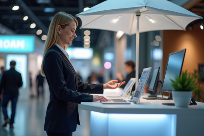 Jeune femme professionnelle souriante au stand d'exposition