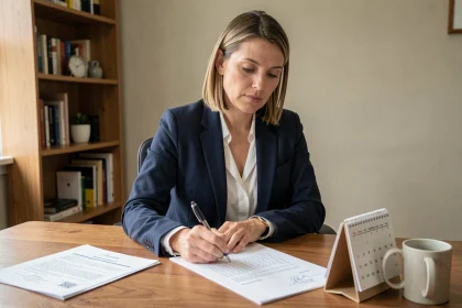 Femme rédigeant un courrier formel pour faire valoir ses droits sur son contrat intérim à son bureau à domicile