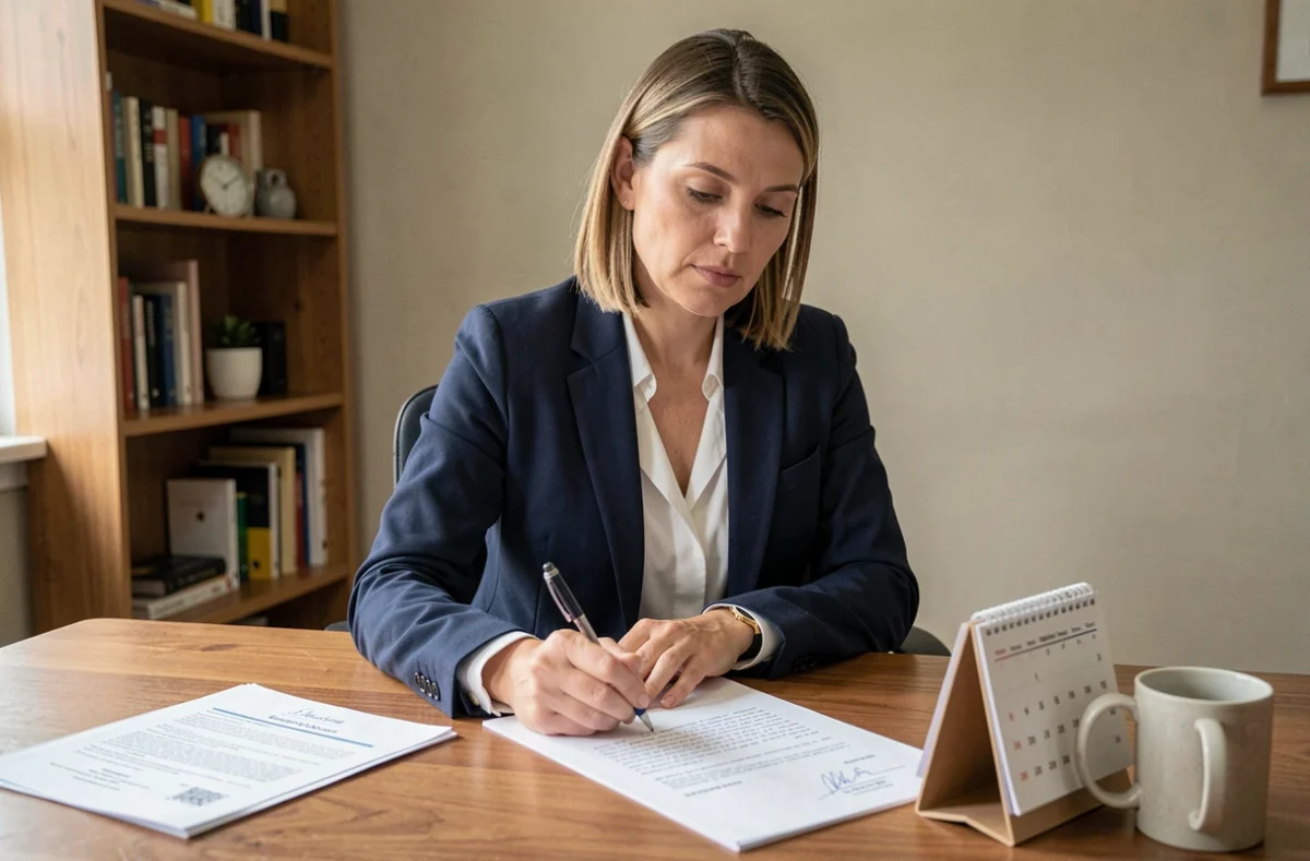 Femme rédigeant un courrier formel pour faire valoir ses droits sur son contrat intérim à son bureau à domicile