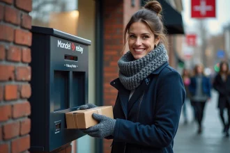 Femme souriante r&eacute;cup&eacute;rant un colis dans une consigne Mondial Relay