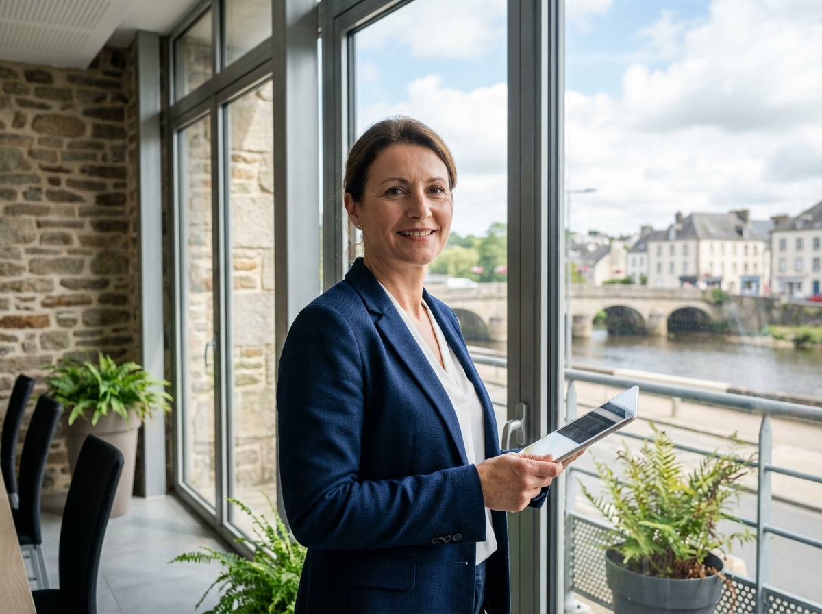 Femme confiante en blazer navy souriant avec tablette dans un espace moderne