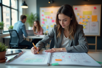 Jeune femme en bureau esquissant une carte mentale stratégie