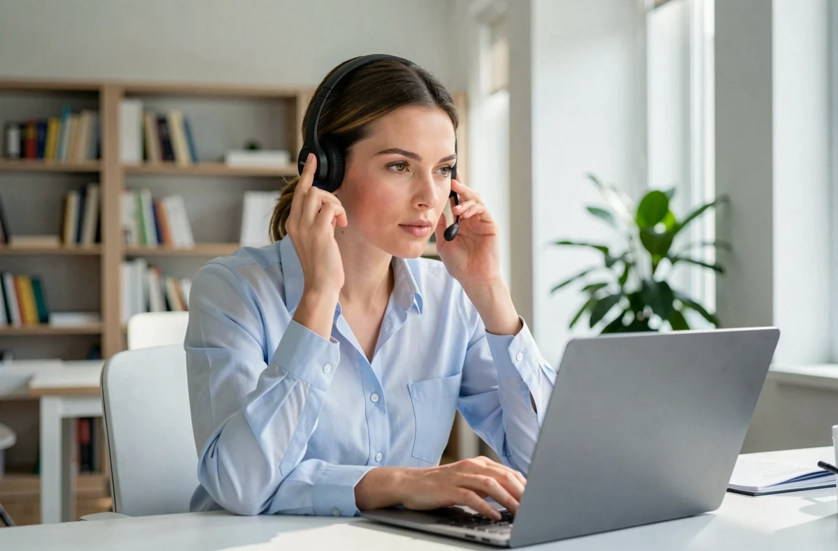 Femme professionnelle en blouse bleue avec casque téléphonique contactant le support client Elevetonbiz depuis un bureau moderne