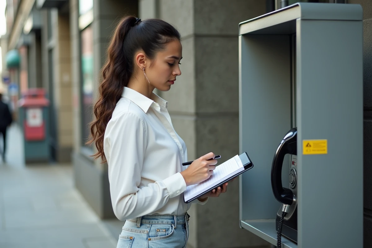Jeune femme parlant au payphone dans une rue urbaine