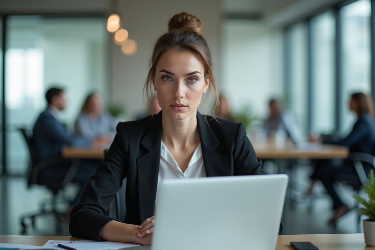 Femme seule au bureau en pleine concentration
