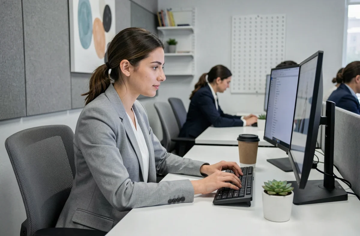 Jeune professionnelle concentrée à son poste de travail dans un espace de coworking calme et contemporain