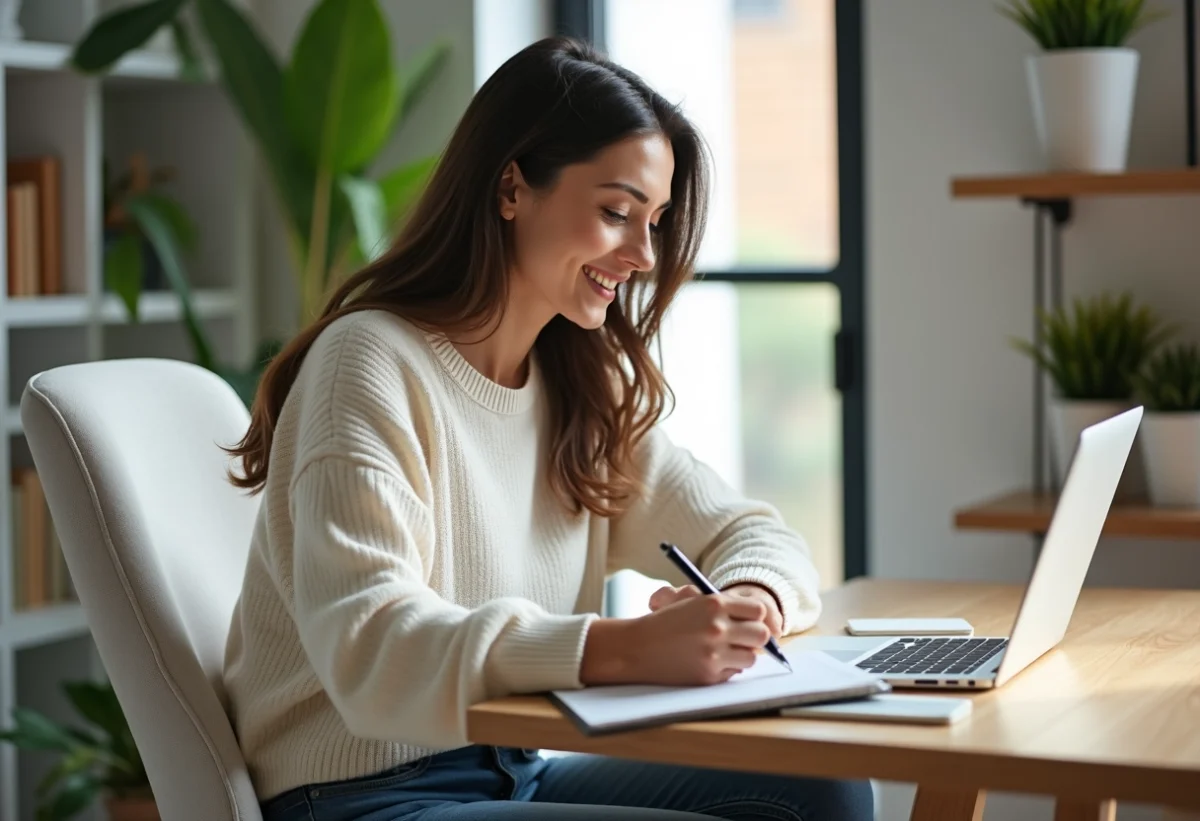 Femme souriante travaillant à son bureau à domicile