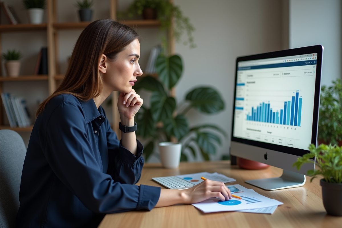 Femme travaillant seule avec graphique de performance sur son ordinateur