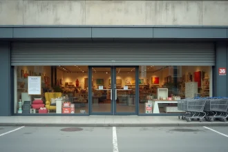 Façade d'un magasin de décoration discount en zone commerciale avec rideau métallique baissé et parking presque vide, illustrant la fermeture d'un magasin GiFi