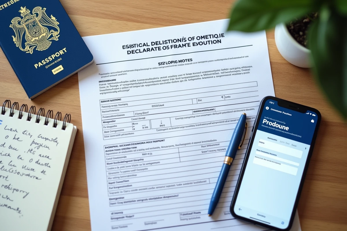 Vue aérienne d'un bureau avec formulaire douanier, smartphone affichant Prodouane et passeport européen