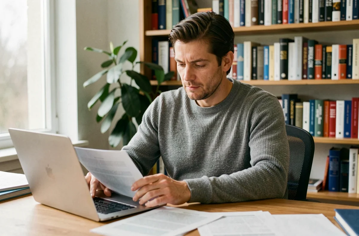 Formateur indépendant en portage salarial préparant ses modules de formation depuis son bureau à domicile