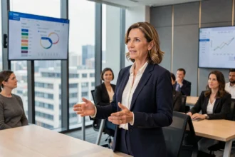 Formatrice en portage salarial animant une session de formation professionnelle dans une salle de conférence moderne