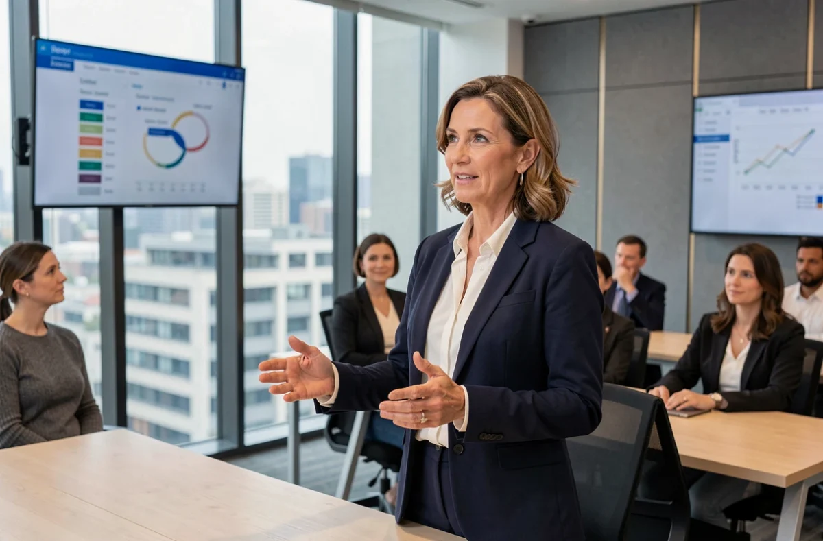 Formatrice en portage salarial animant une session de formation professionnelle dans une salle de conférence moderne