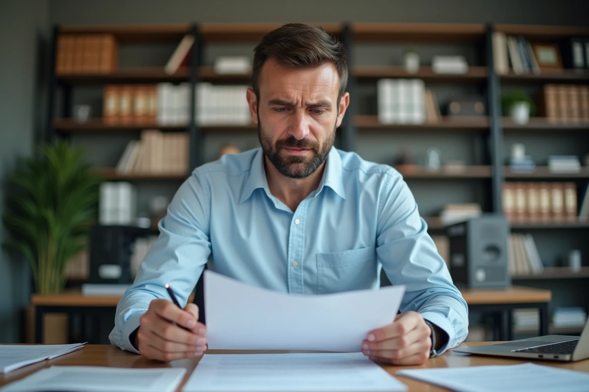 Homme en chemise bleue relisant un formulaire de rupture de contrat d'apprentissage à son bureau