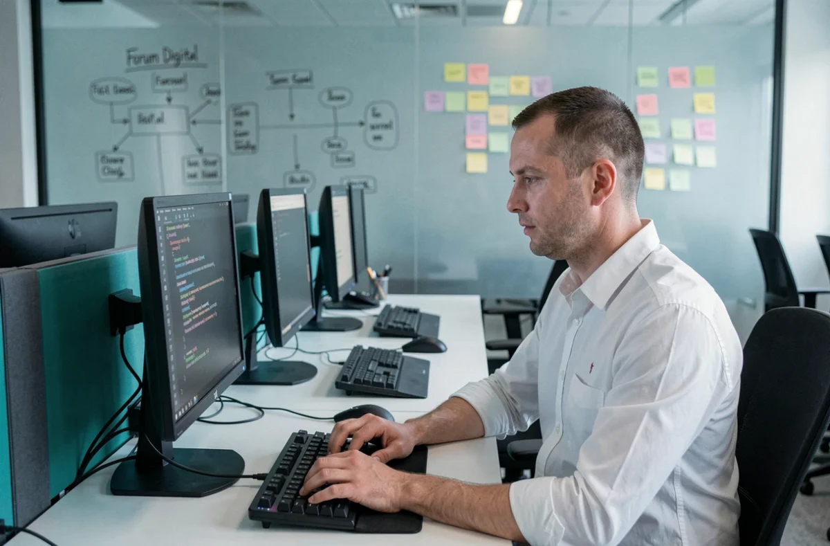Forum Digital coworking avec un développeur concentré sur son code dans un environnement tech moderne