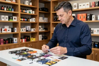 Gérant d'un shop vape examinant des échantillons de produits Puff pour choisir un fournisseur fiable