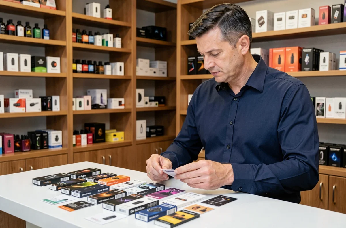 Gérant d'un shop vape examinant des échantillons de produits Puff pour choisir un fournisseur fiable