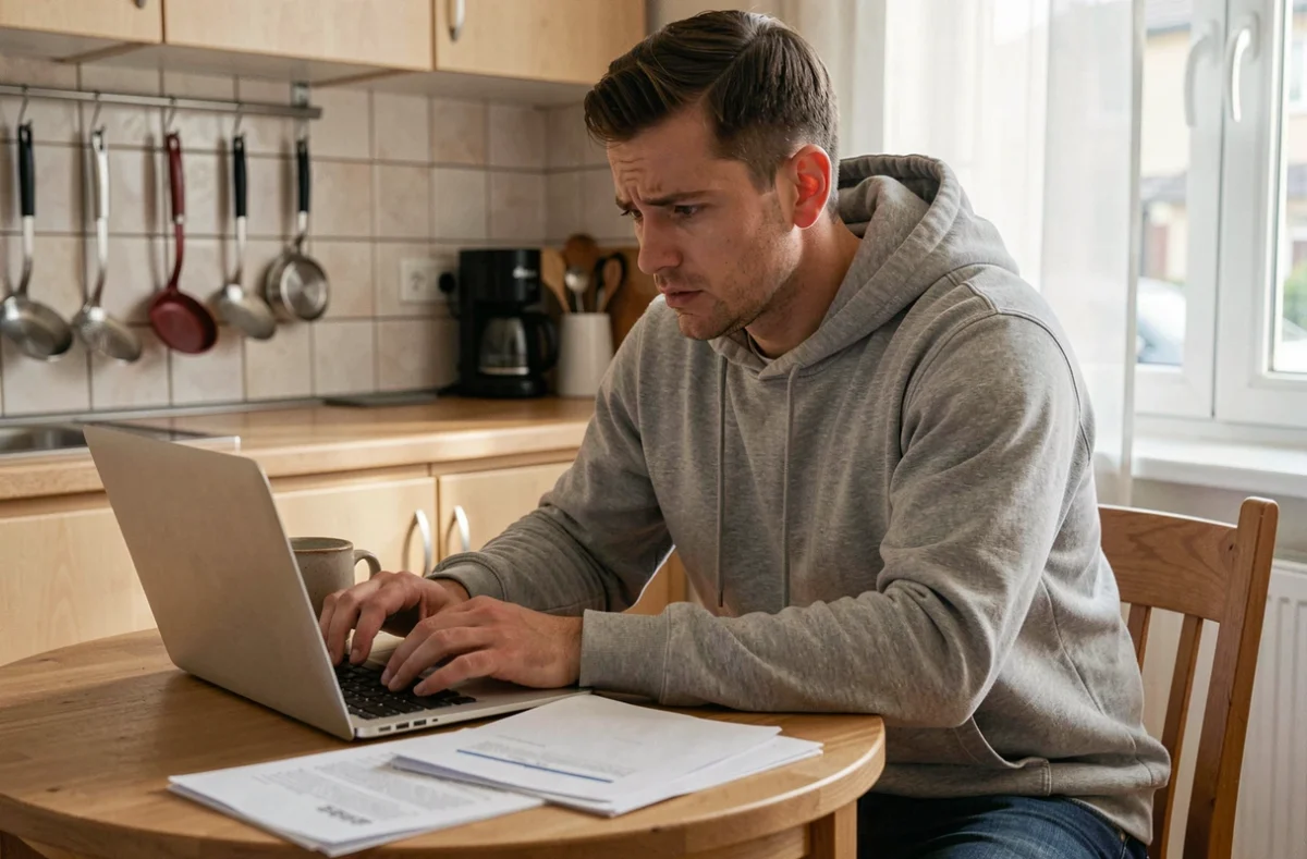 Homme gérant une absence professionnelle depuis son domicile avec des formulaires administratifs