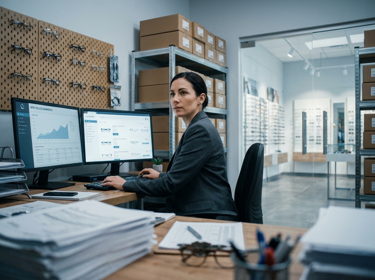Employée d'un magasin d'optique gérant les commandes en ligne via un tableau de bord partenaire