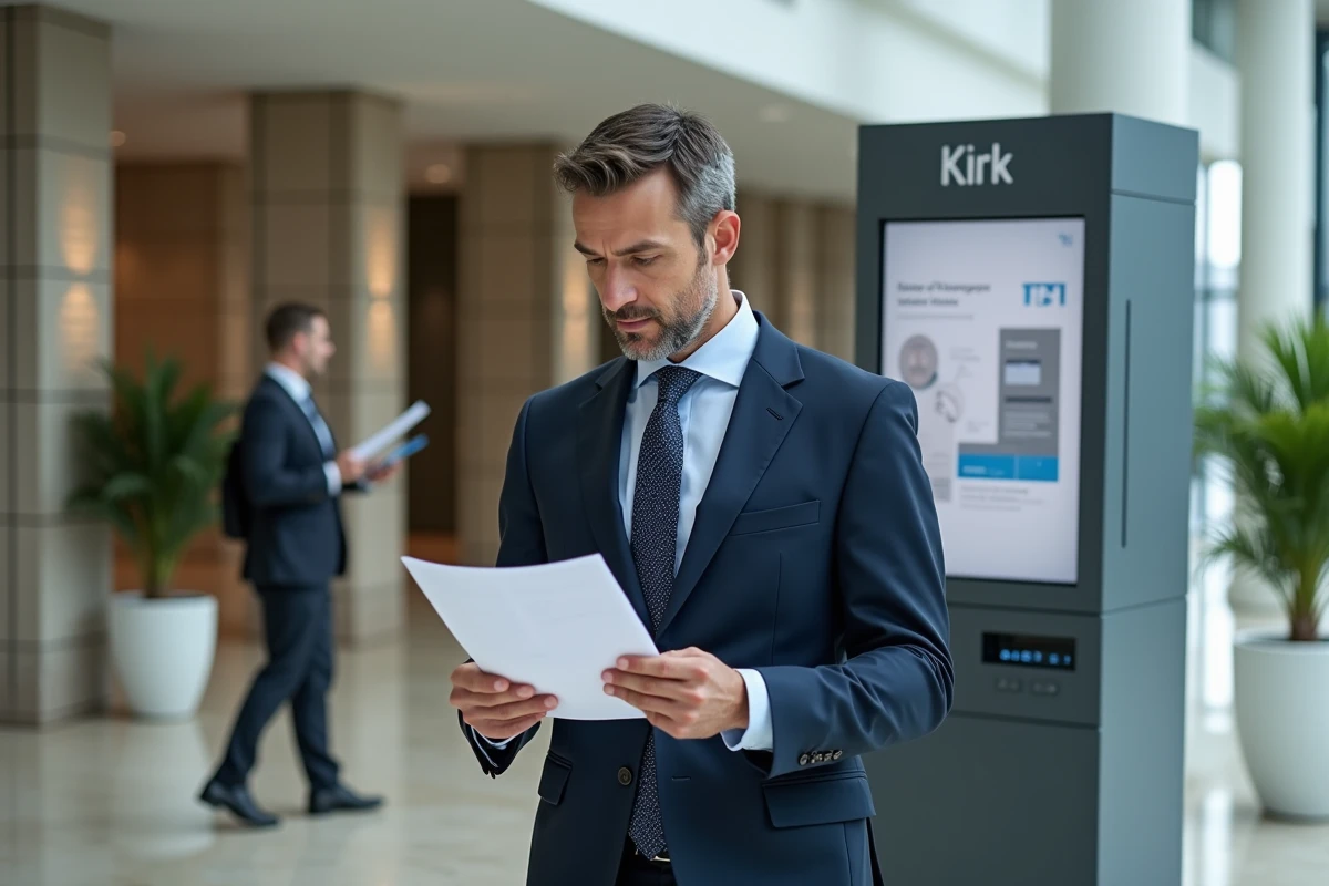 Manager public examinant des documents officiels dans un hall