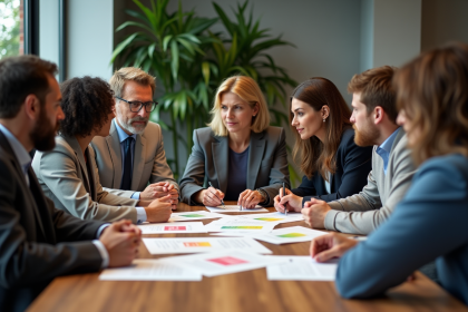 Groupe diversifié en réunion autour de documents SDGs