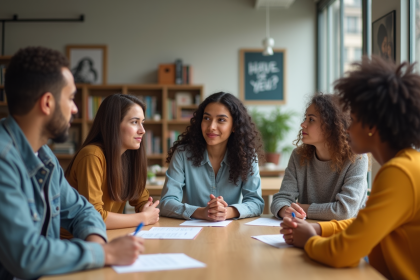 Groupe diversifié en discussion dans un centre communautaire