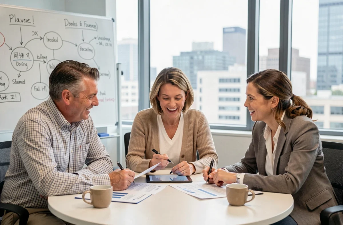 Groupe d'experts en réunion de stratégie autour d'une table de conférence, illustrant la collaboration entre professionnels spécialisés
