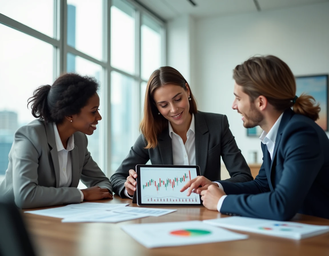 Groupe de jeunes investisseurs discutant de stratégies financières autour d'une table dans un espace de coworking moderne