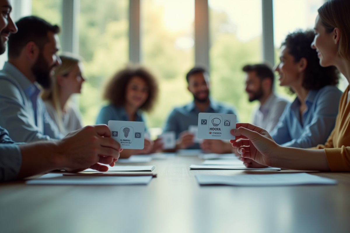 Groupe de personnes autour d'une table avec cartes de données personnelles