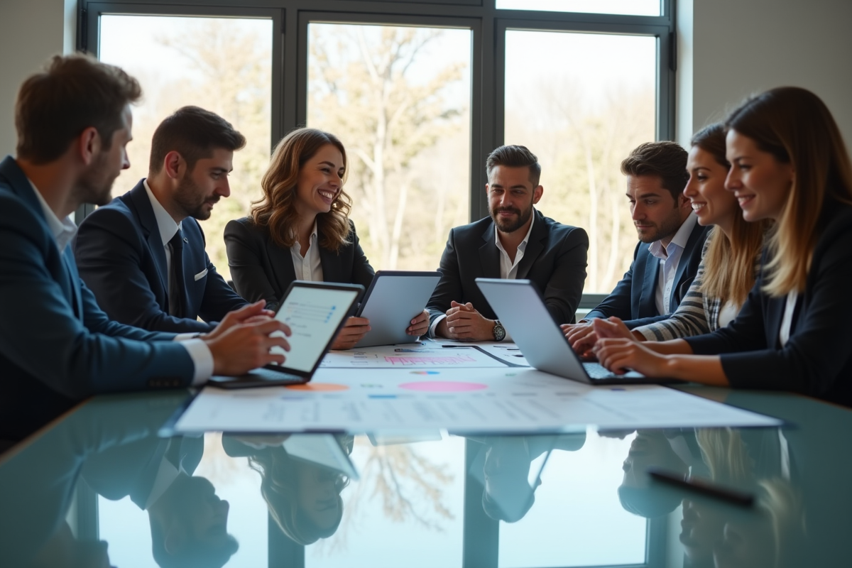 Groupe de professionnels collaborant autour d'une table avec tablettes