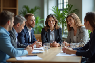 Groupe de professionnels en réunion dans un bureau moderne