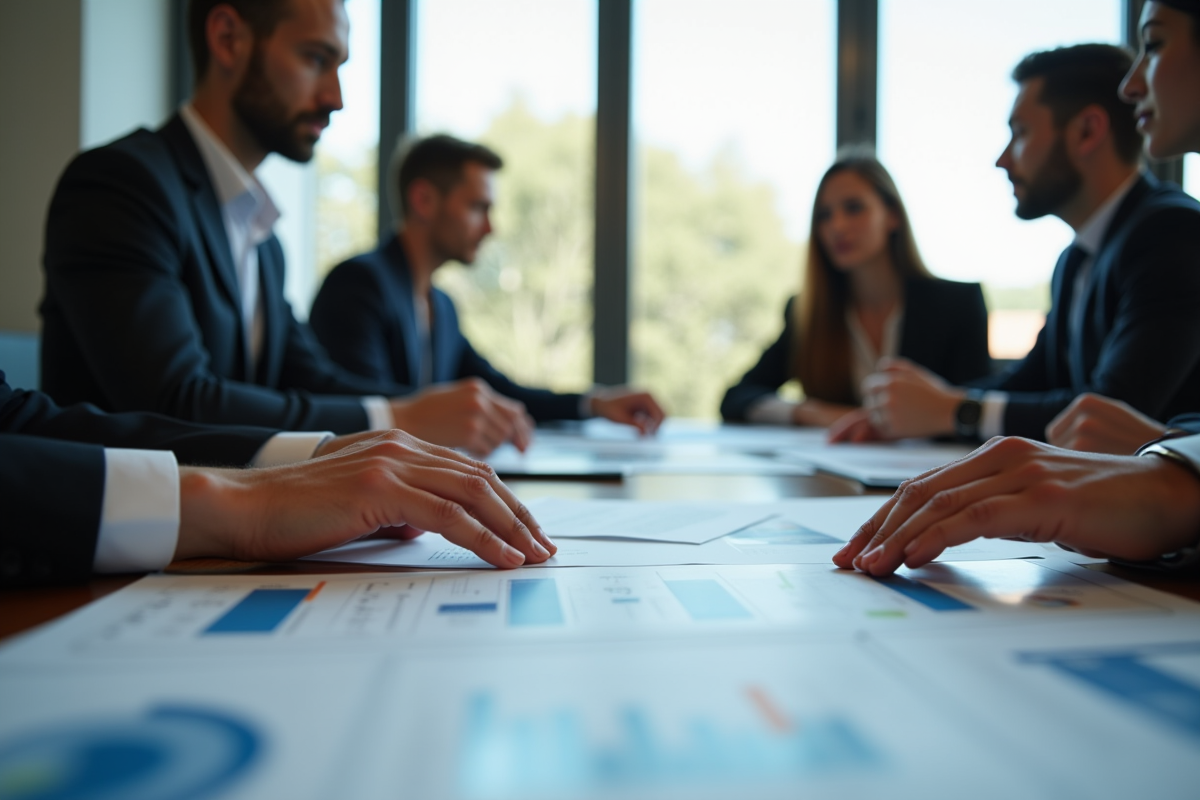 Groupe diversifié analysant des graphiques lors d