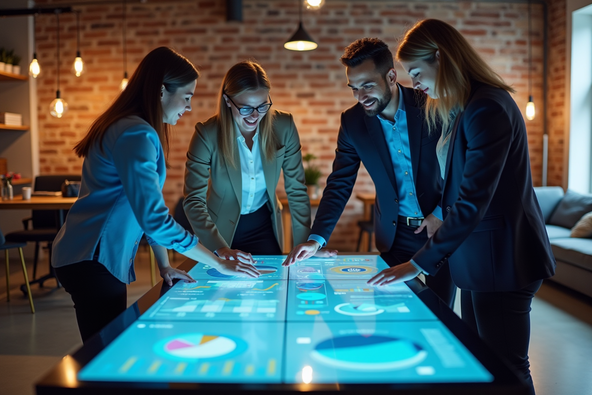 Groupe de collègues analysant des graphiques numériques