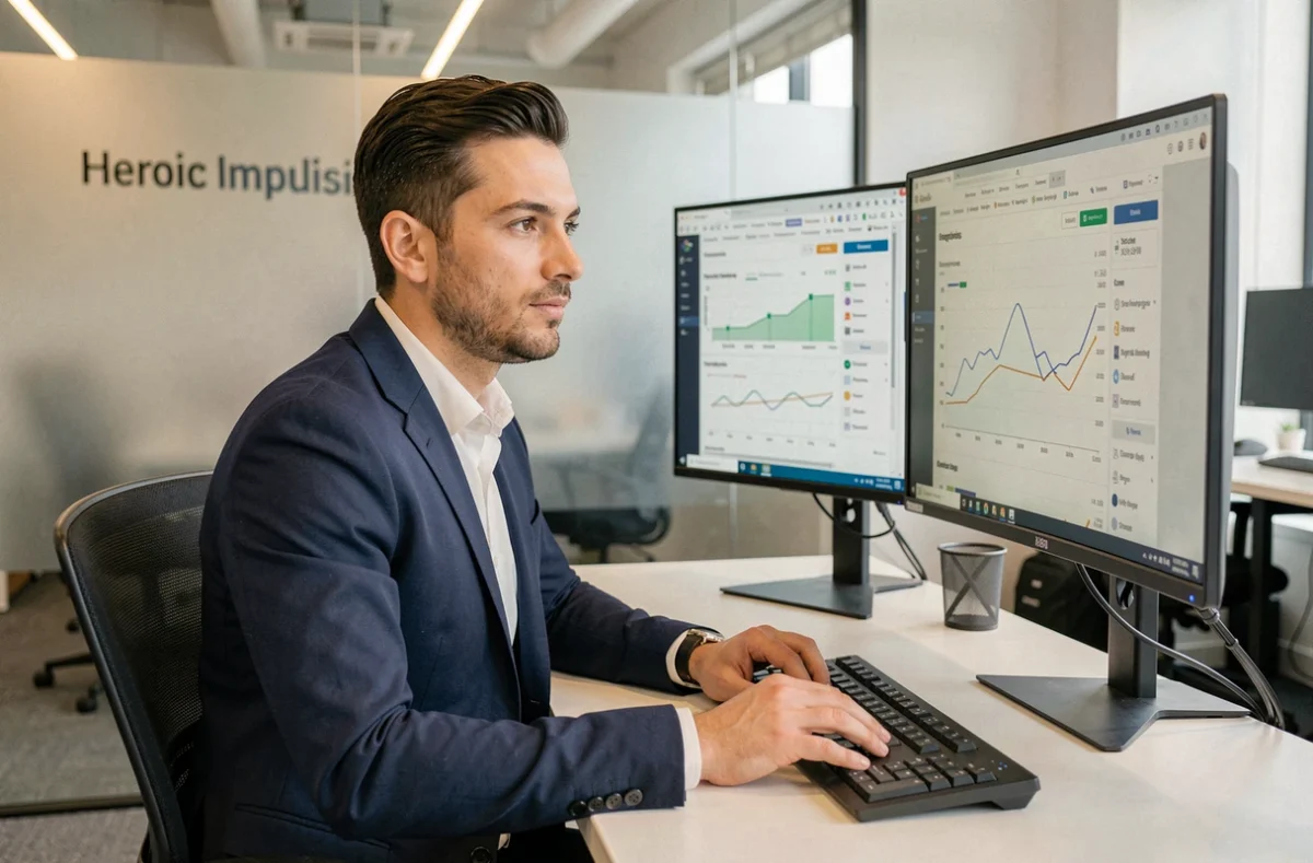 Stratégiste en référencement de l'agence Heroic Impulsion analysant des données SEO sur deux écrans dans un bureau moderne
