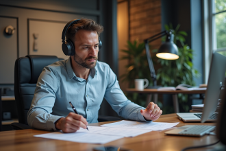 Homme d'affaires en bureau moderne avec écouteurs et documents