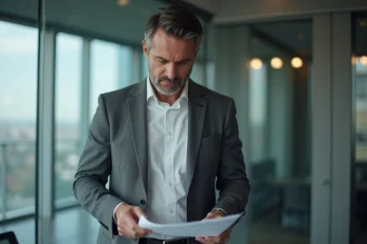 Homme d'affaires en costume gris examine des documents importants