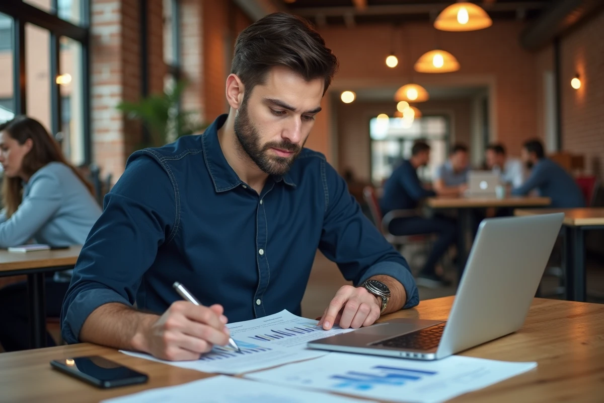 Homme en début de carrière analysant des rapports de programme d'affiliation Conversant dans un espace de coworking moderne