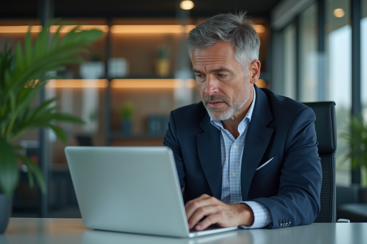 Homme d affaires analysant des publicites sur son ordinateur au bureau