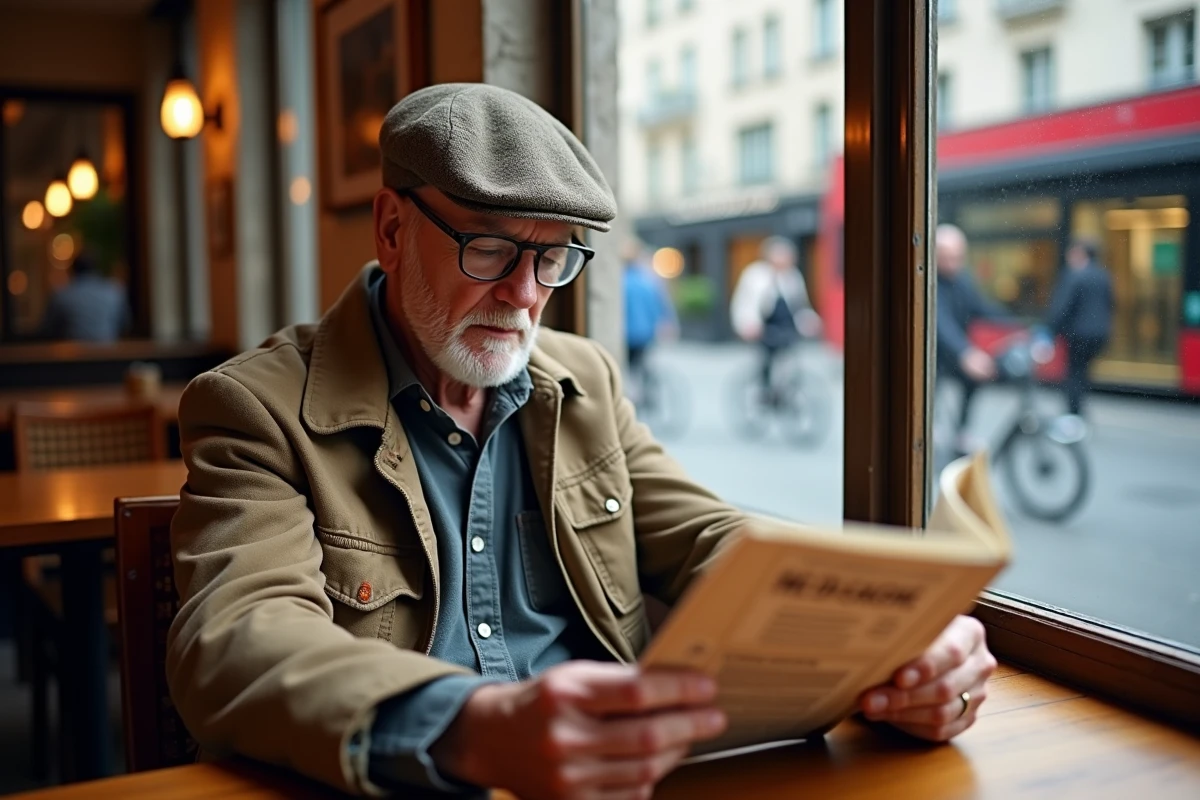 Homme âgé lisant un guide dans un café lyonnais