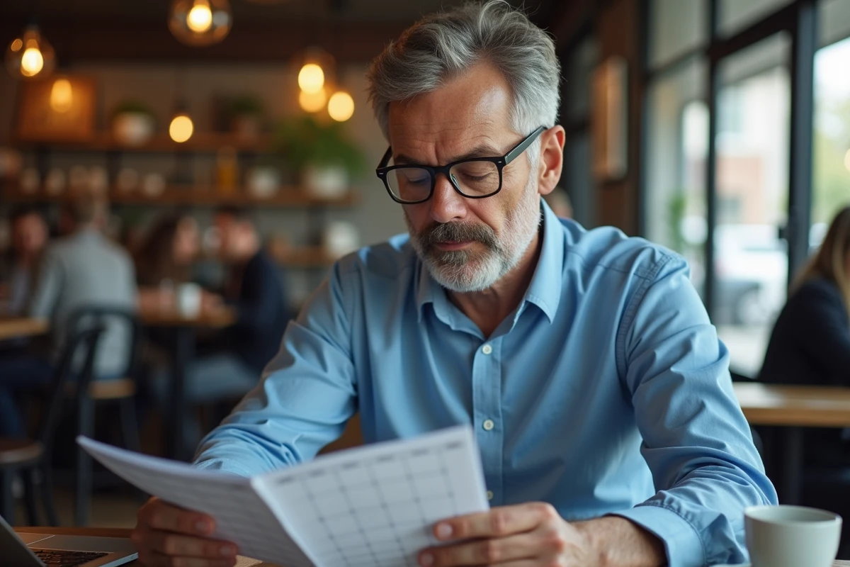 Homme réfléchissant en regardant un planner au café
