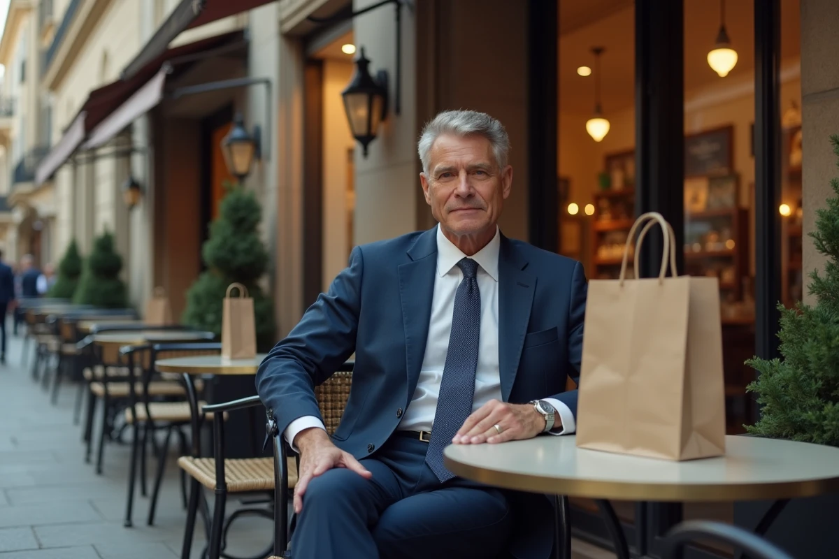 Homme en costume assis au café avec sac de luxe