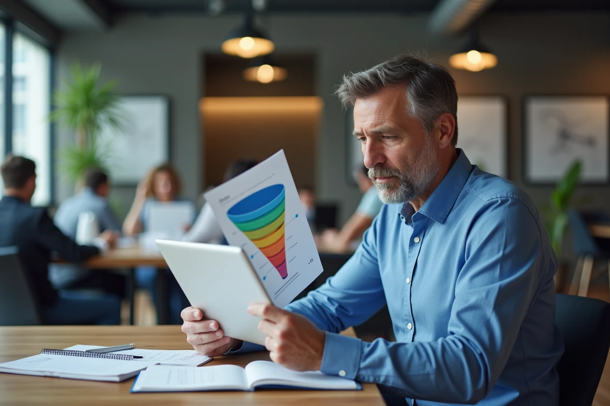 Homme analysant un diagramme de vente dans un espace de coworking