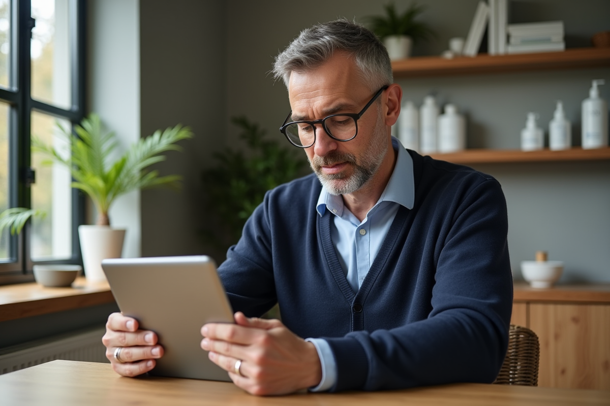 Homme d age moyen consulte des informations sur un soin visage sur tablette