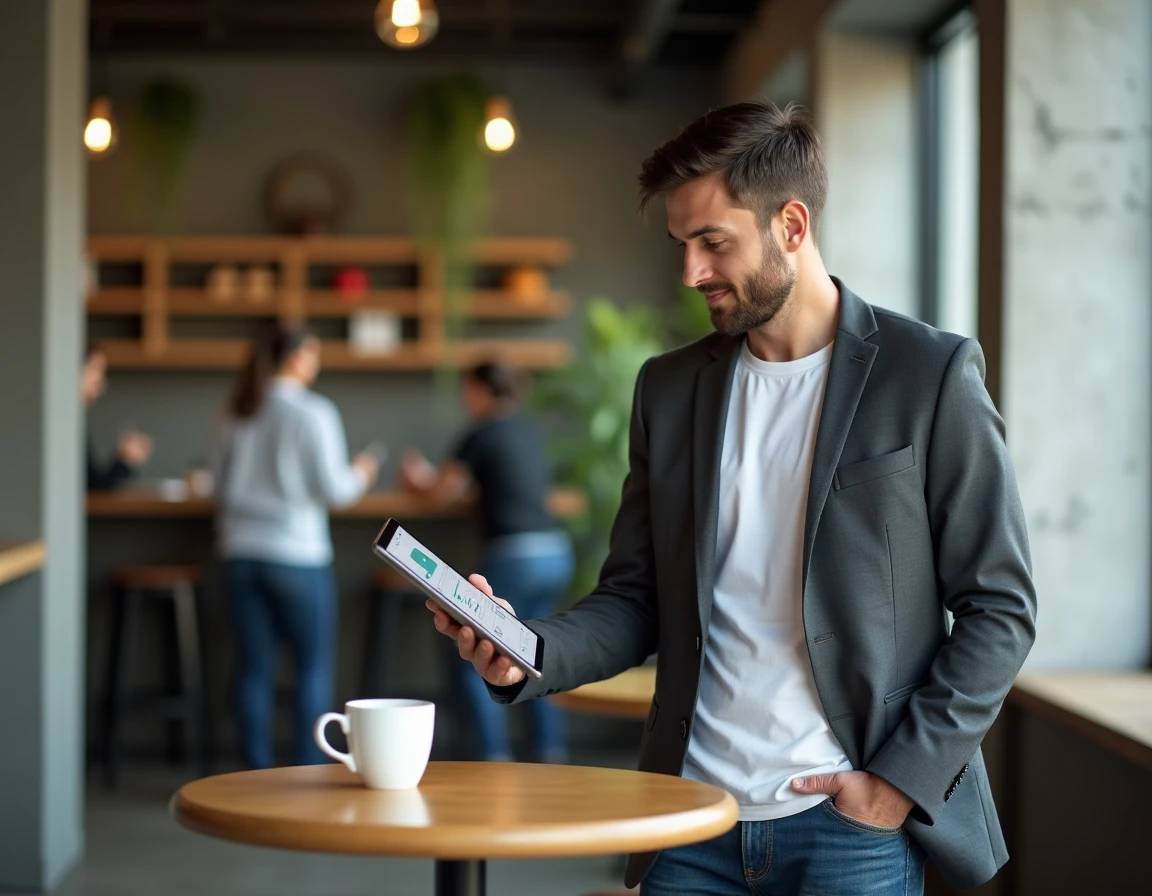 Homme en costume consultant le portail RH sur tablette dans une salle de pause d'entreprise moderne
