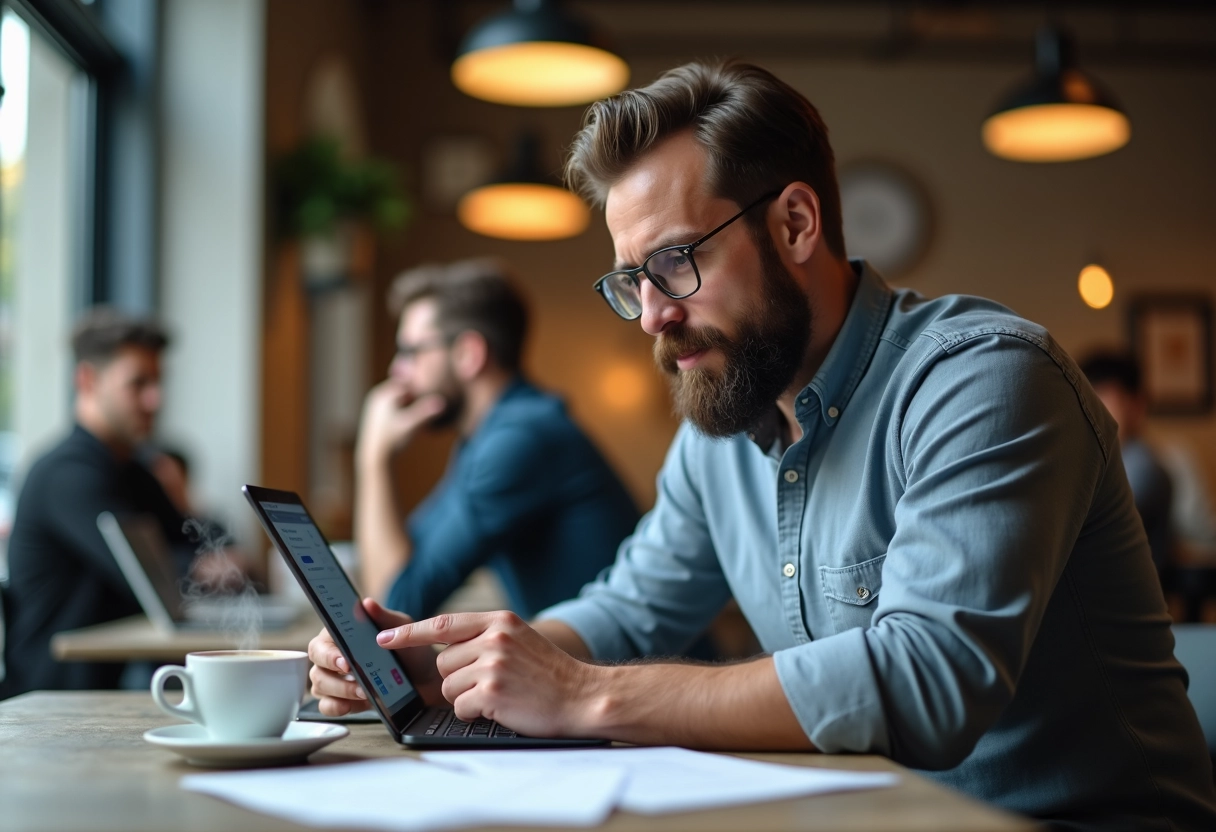 Homme avec tablette dans un café coworking