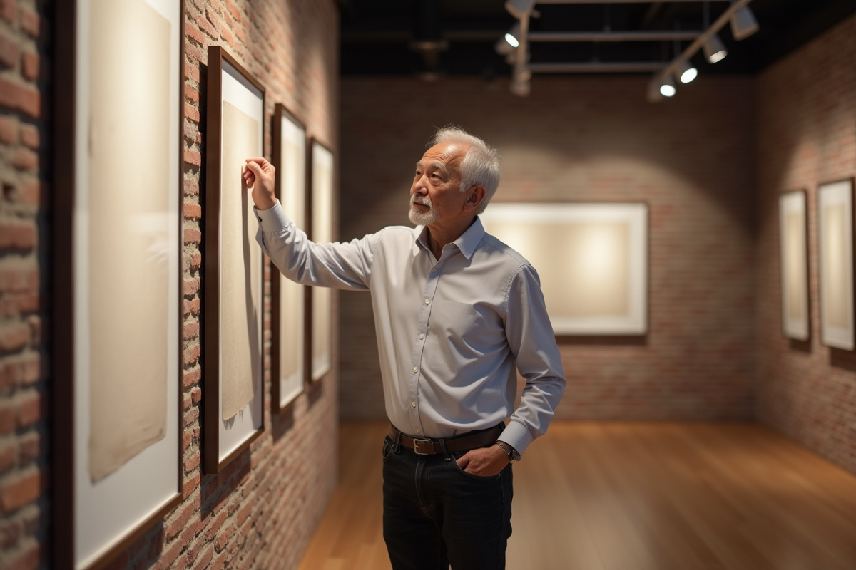 Homme âgé ajustant un tableau dans une galerie d
