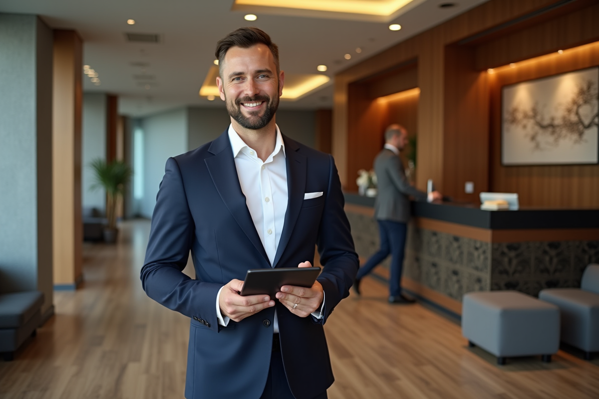 Homme d'affaires en costume dans un lobby d'hôtel